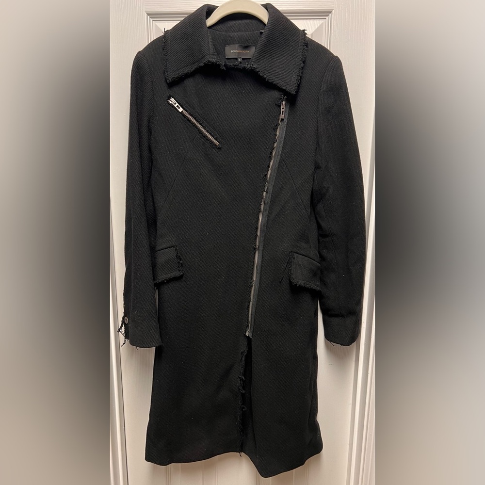 BCBGMaxAzria Black Trench Coat with Asymmetrical Zipper